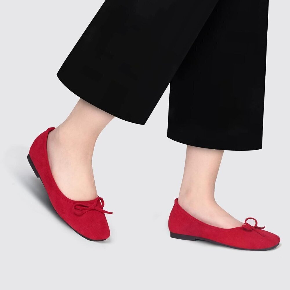 Women's Red Faux Suede Square Toe Slip On Cap Toe Bow Dressy Flat Shoes